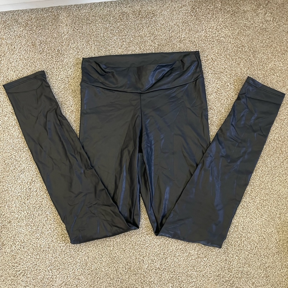 A Glam High Waisted Faux Leather Leggings Small Black Liquid Shine Y2K